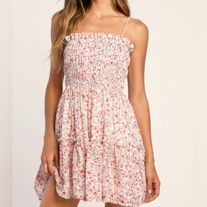 Lulus Petal Perfection Pink Floral Print smocked tiered mini dress, size XS
